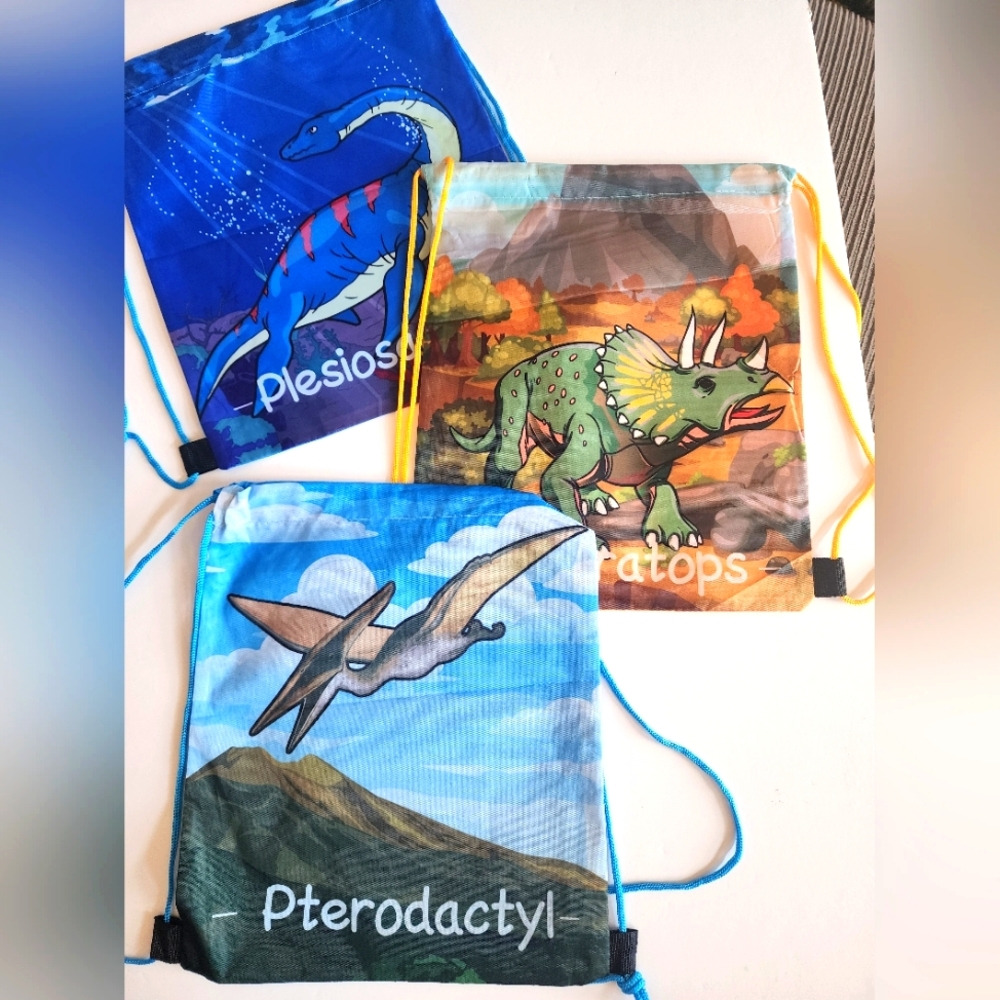 Dinosaur-Themed Kids Drawstring Bags -‎ Blue, Green, Brown